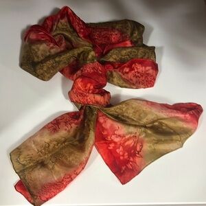 Red and Brown silk abstract Patterned Scarf 
62” x 8”